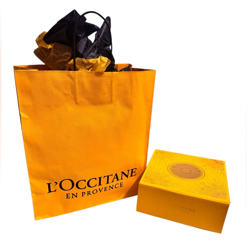 L'OCCITANE Yellow Bag, Blue Ribbon, Gold Tissue and Box